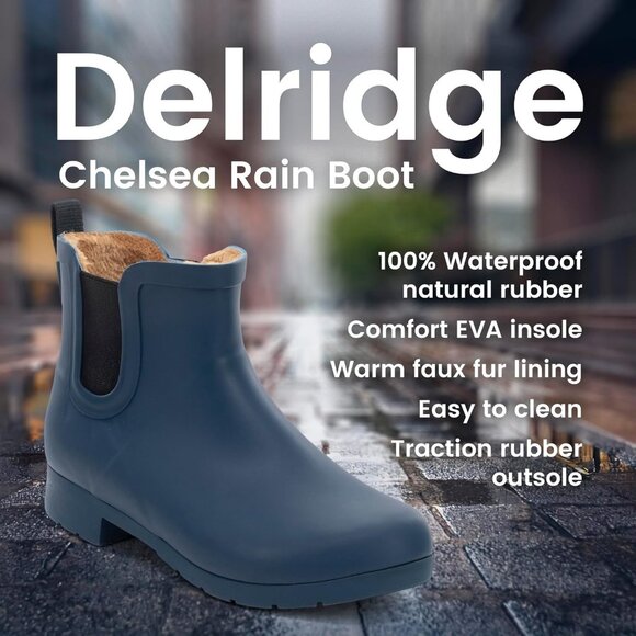 Women’s Blue Waterproof Plush Lined Slip On Rain Ankle Slim Chelsea Boots - Picture 7 of 13